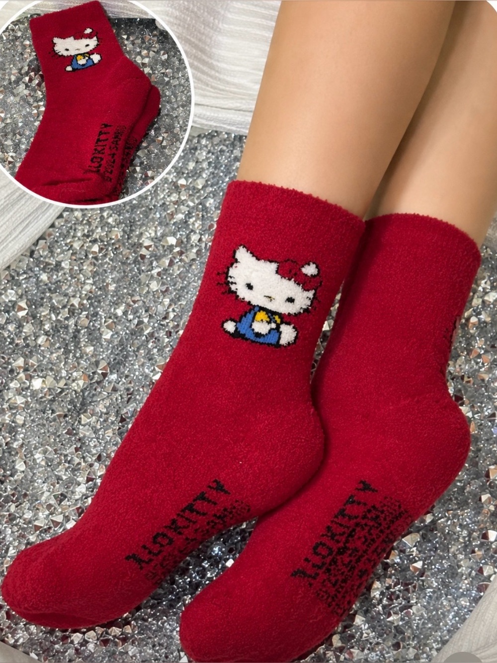 NWOT Hello Kitty Cozy Fuzzy Crew Socks | Super Soft Plush Lounge Socks | Red